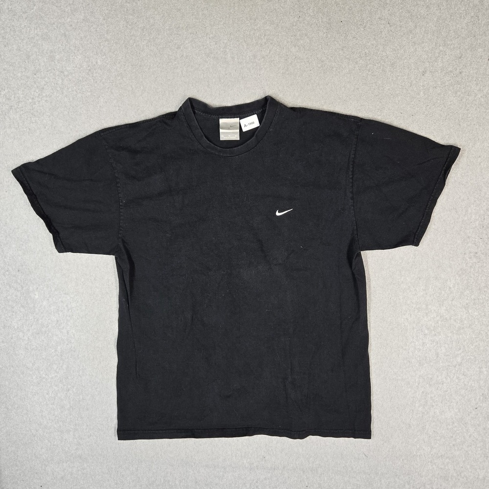 VINTAGE Nike Men Shirt XL Black Embroidered Y2K Mini Swoosh Logo Short Sleeve
